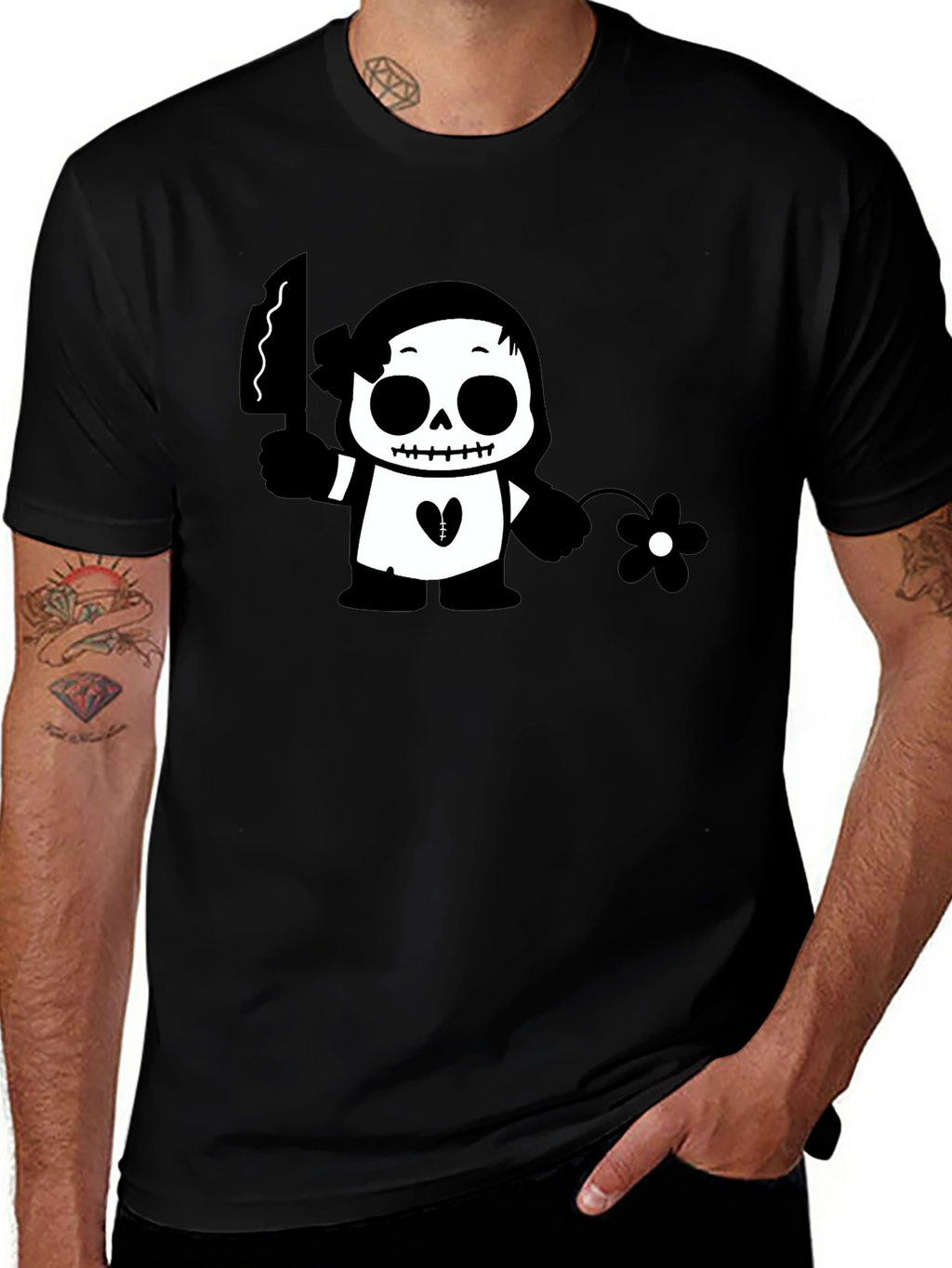 Black Graphic T-Shirt with Skull & Flower Design