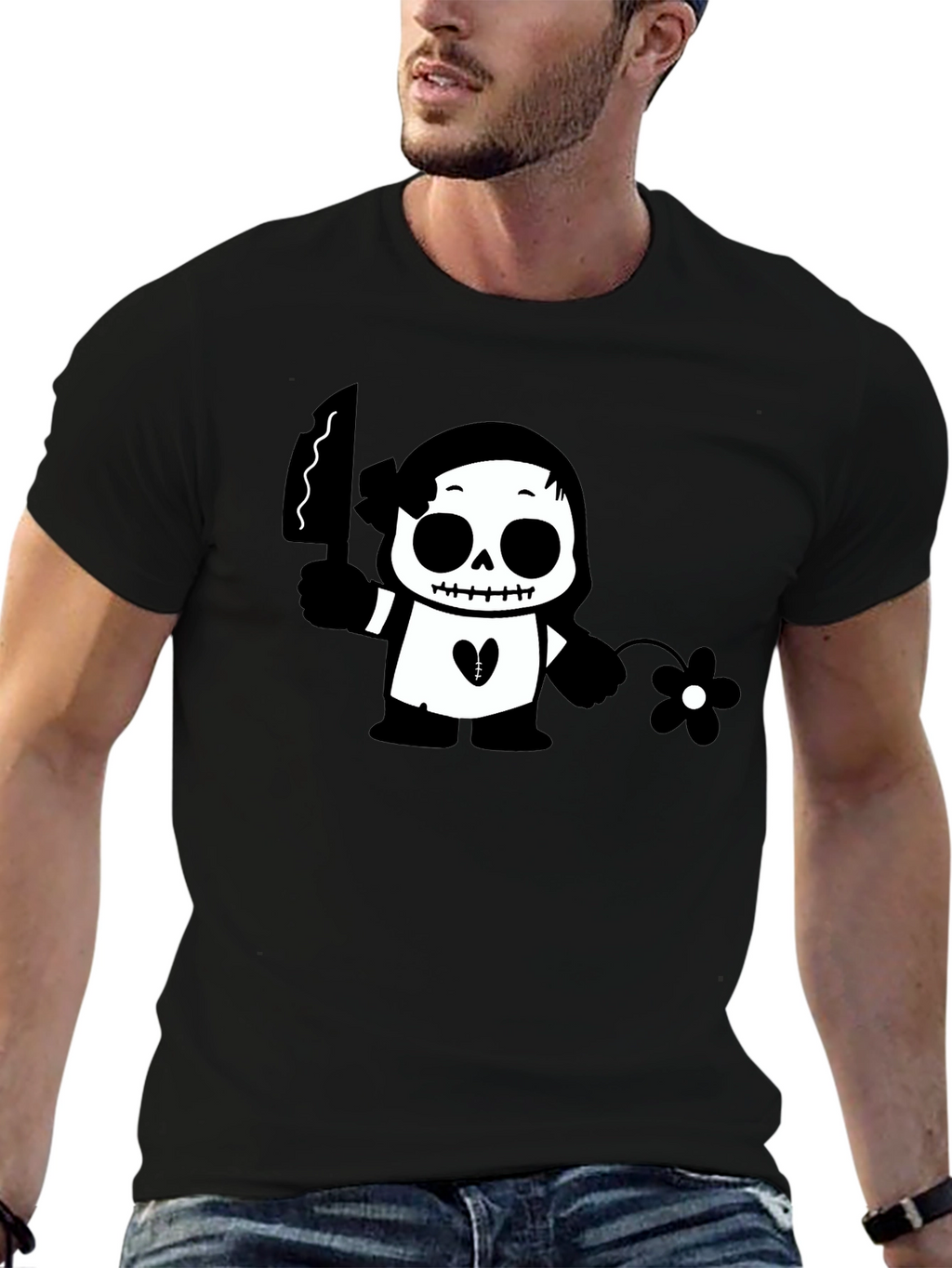 Black Graphic T-Shirt with Skull & Flower Design