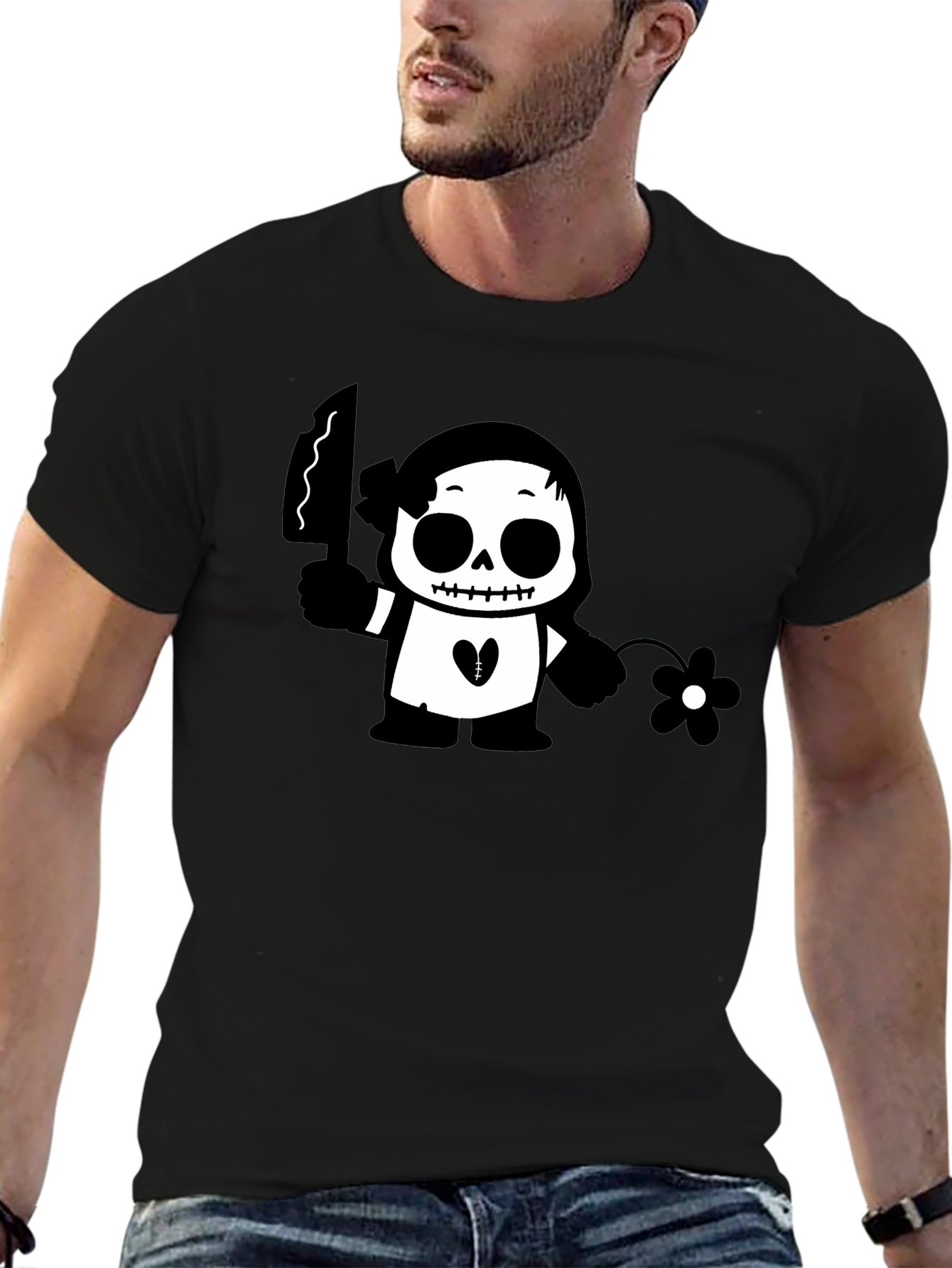Black Graphic T-Shirt with Skull & Flower Design
