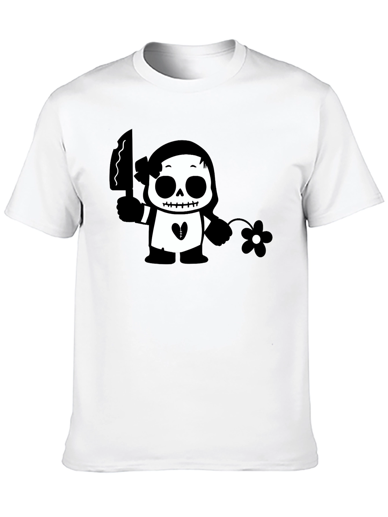 Black Graphic T-Shirt with Skull & Flower Design