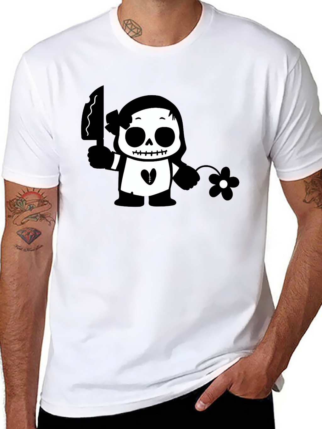 Black Graphic T-Shirt with Skull & Flower Design