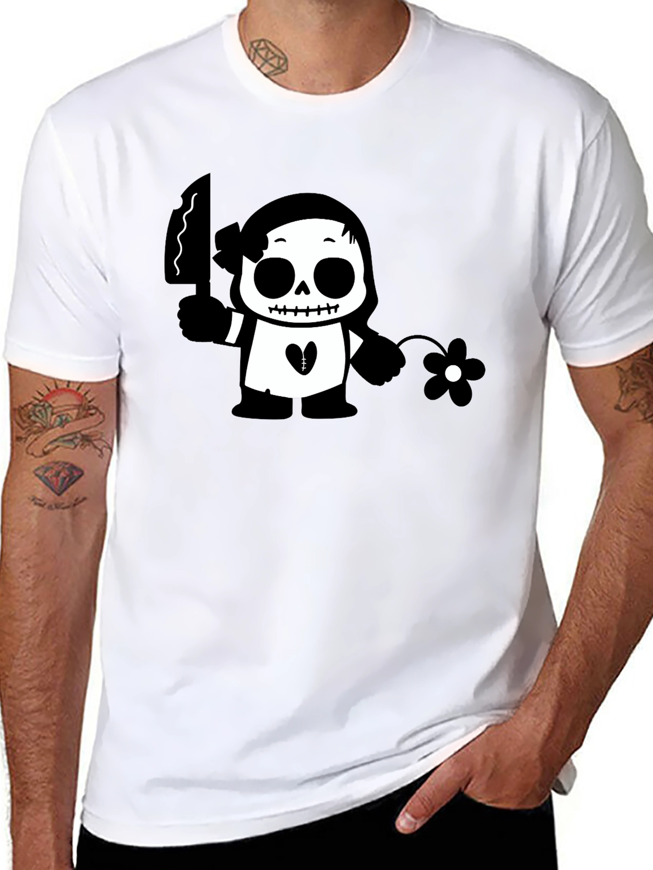 Black Graphic T-Shirt with Skull & Flower Design