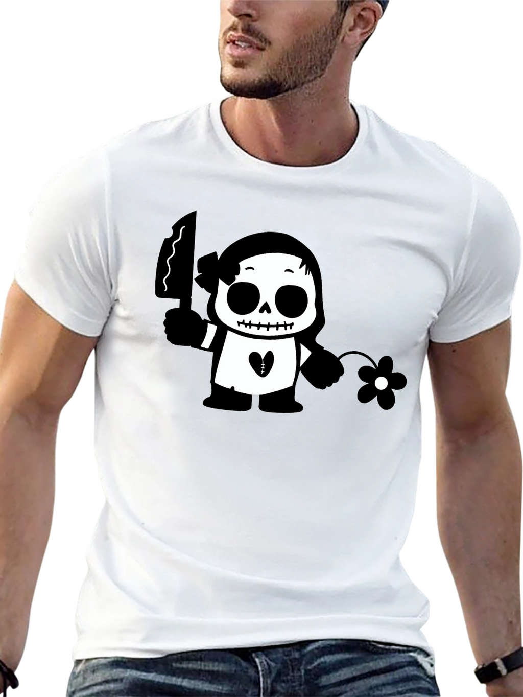 Black Graphic T-Shirt with Skull & Flower Design