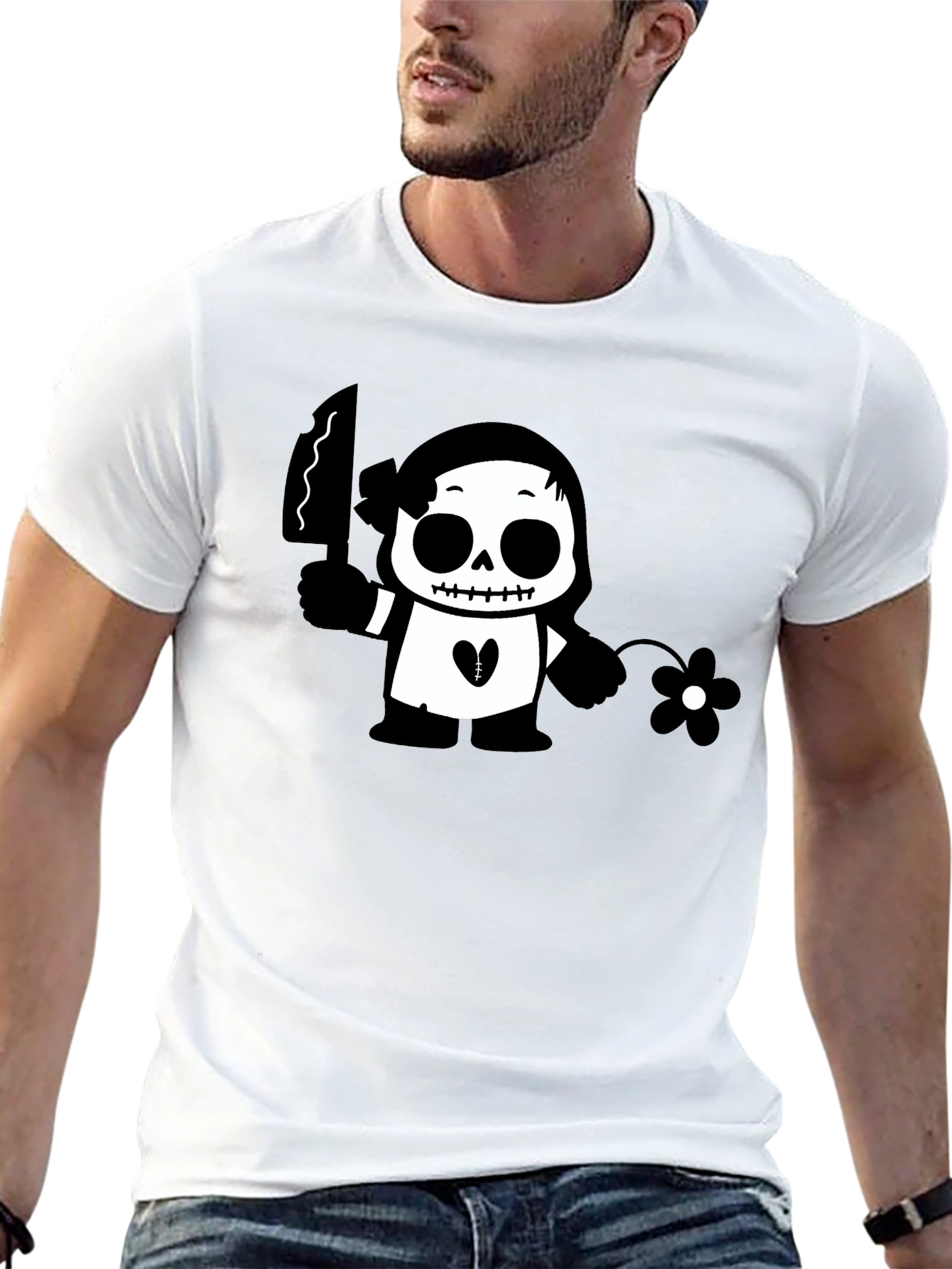 Black Graphic T-Shirt with Skull & Flower Design