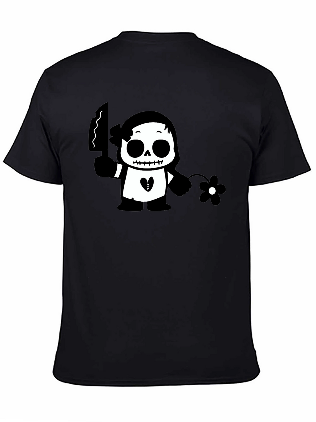 Black Graphic T-Shirt with Skull & Flower Design