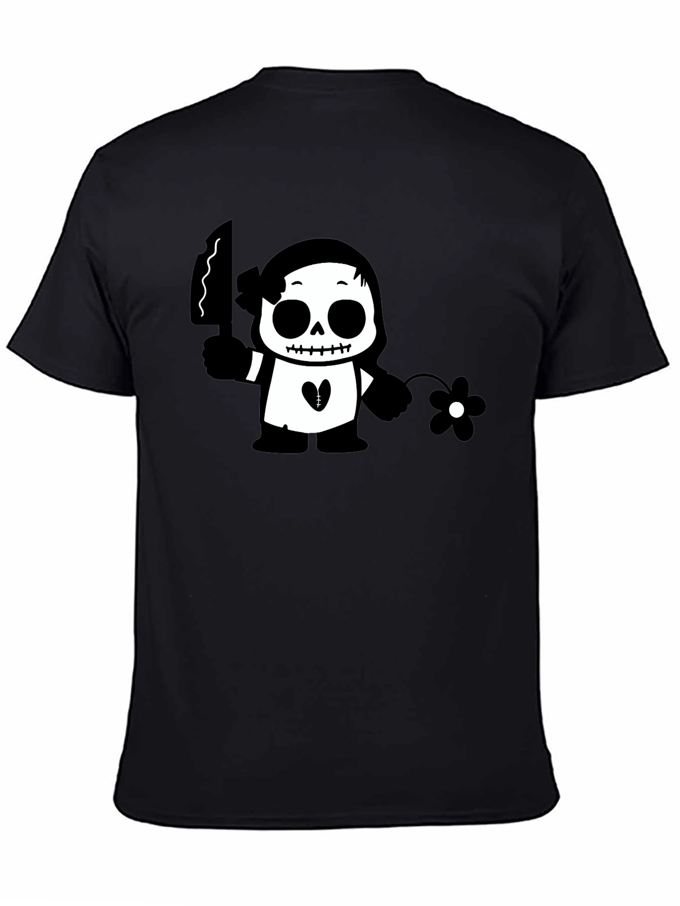 Black Graphic T-Shirt with Skull & Flower Design