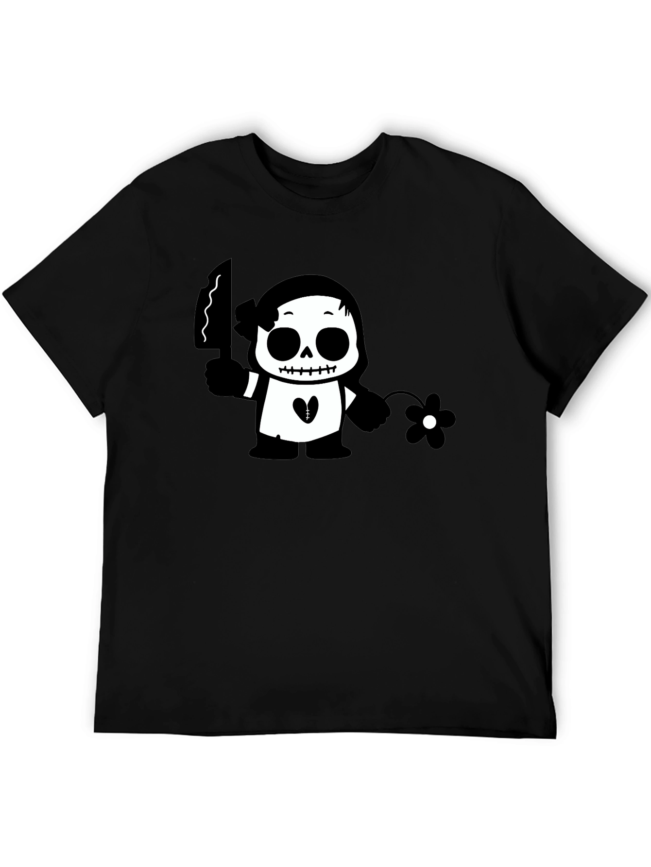 Black Graphic T-Shirt with Skull & Flower Design