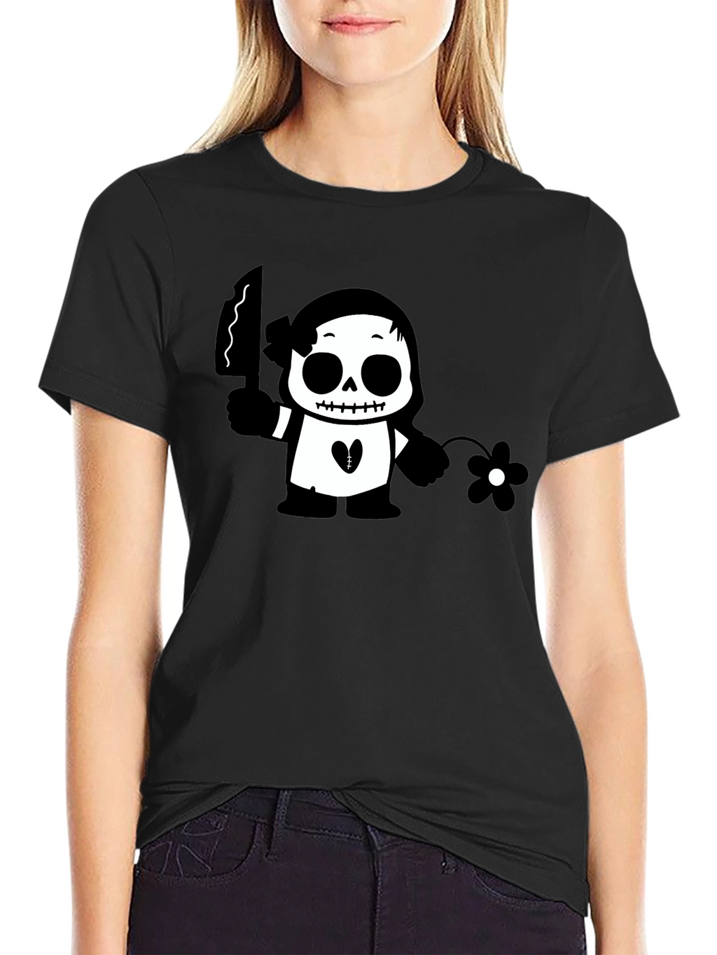 Black Graphic T-Shirt with Skull & Flower Design