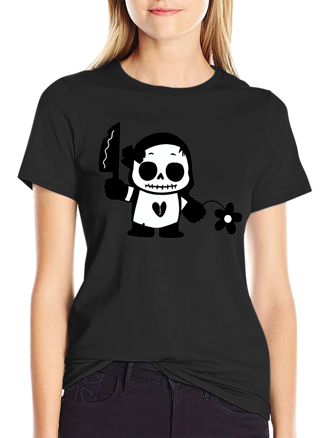 Black Graphic T-Shirt with Skull & Flower Design