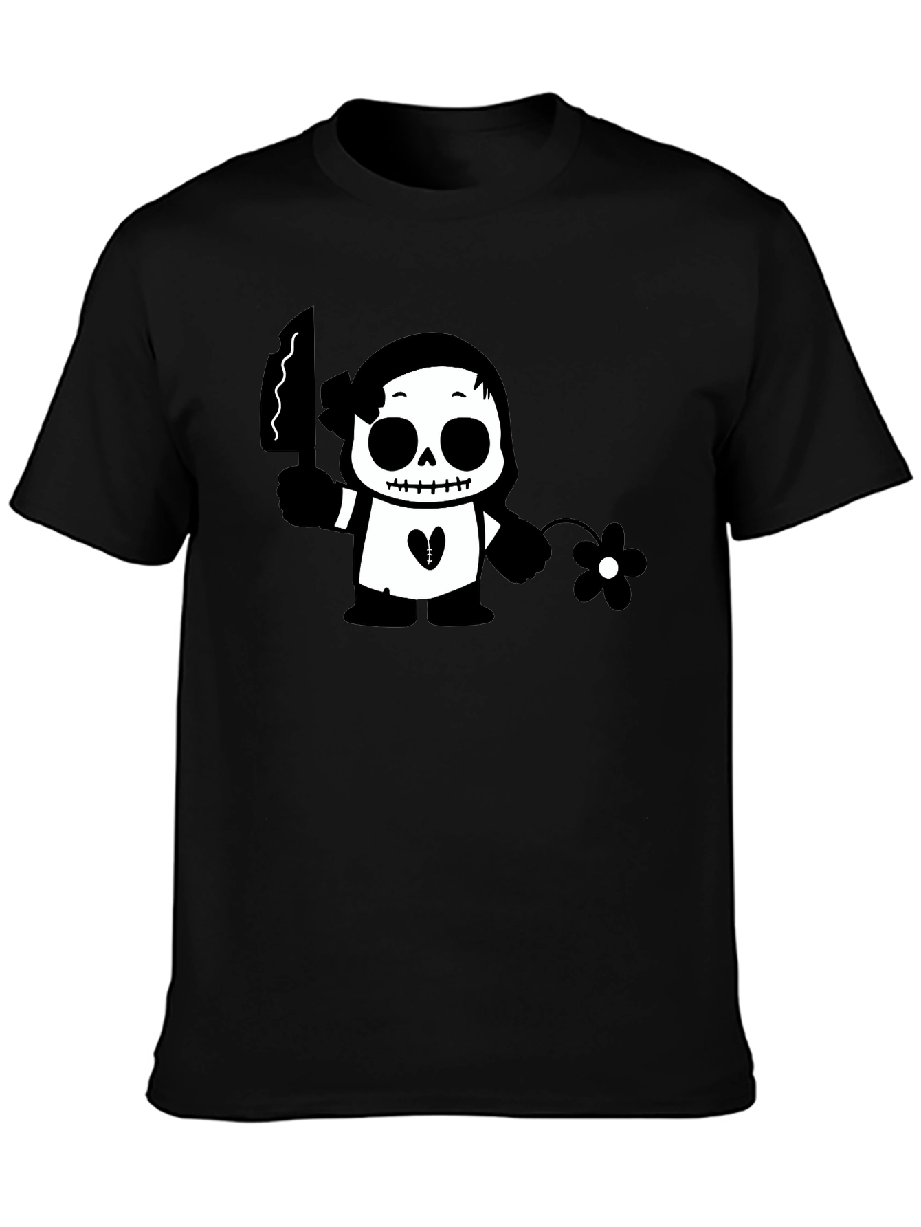 Black Graphic T-Shirt with Skull & Flower Design