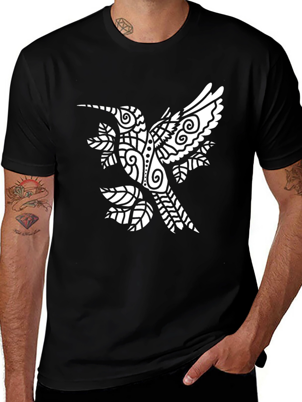 Mens Black Graphic Tee with Hummingbird Design