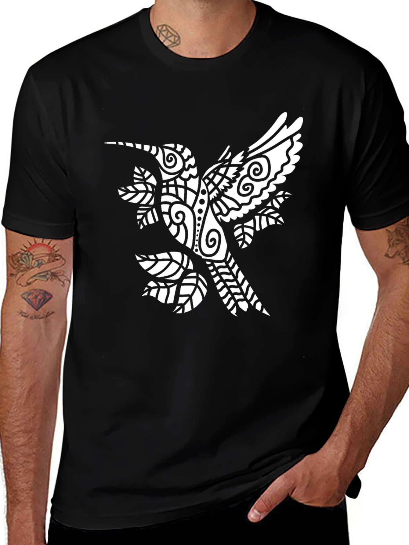 Mens Black Graphic Tee with Hummingbird Design