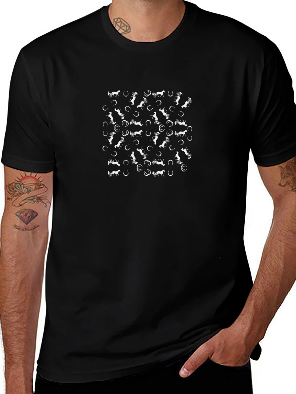 Horse & Horseshoe Pattern Black T-Shirt
