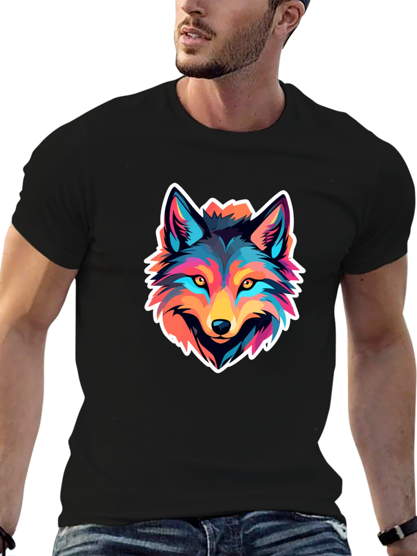 Colorful Wolf Graphic Print Black T-Shirt
