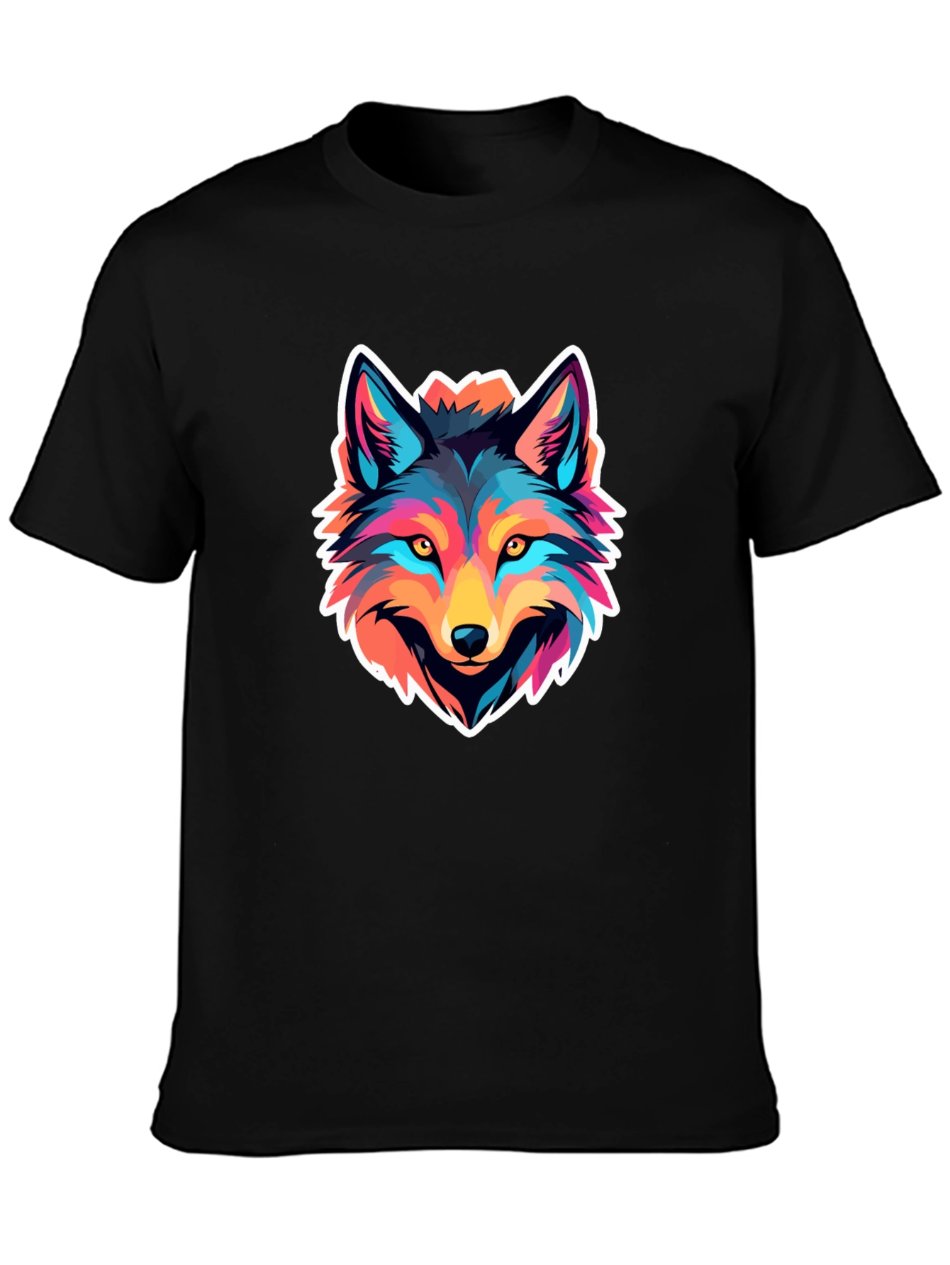 Colorful Wolf Graphic Print Black T-Shirt