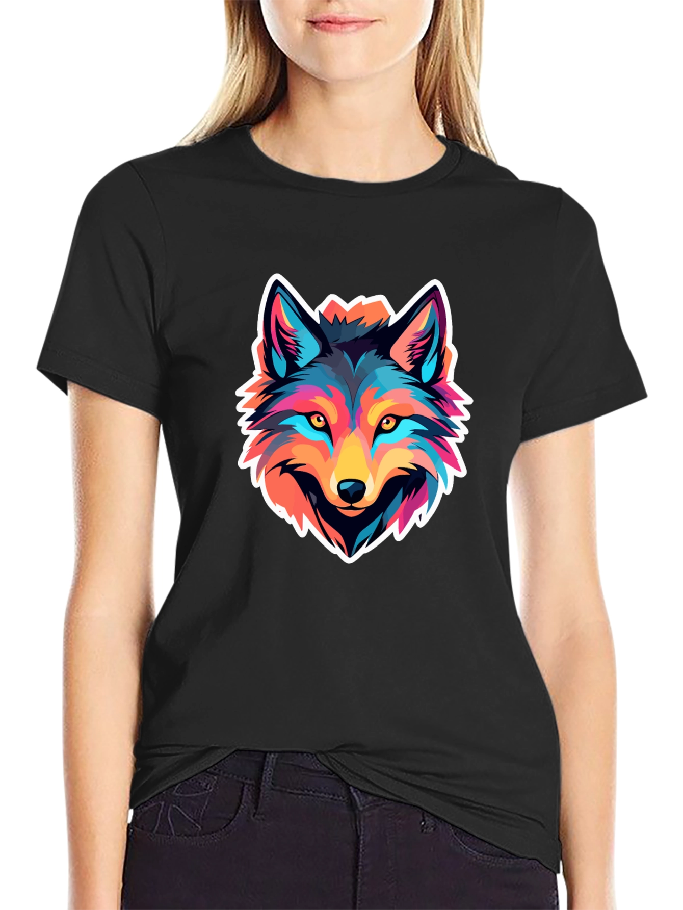 Colorful Wolf Graphic Print Black T-Shirt