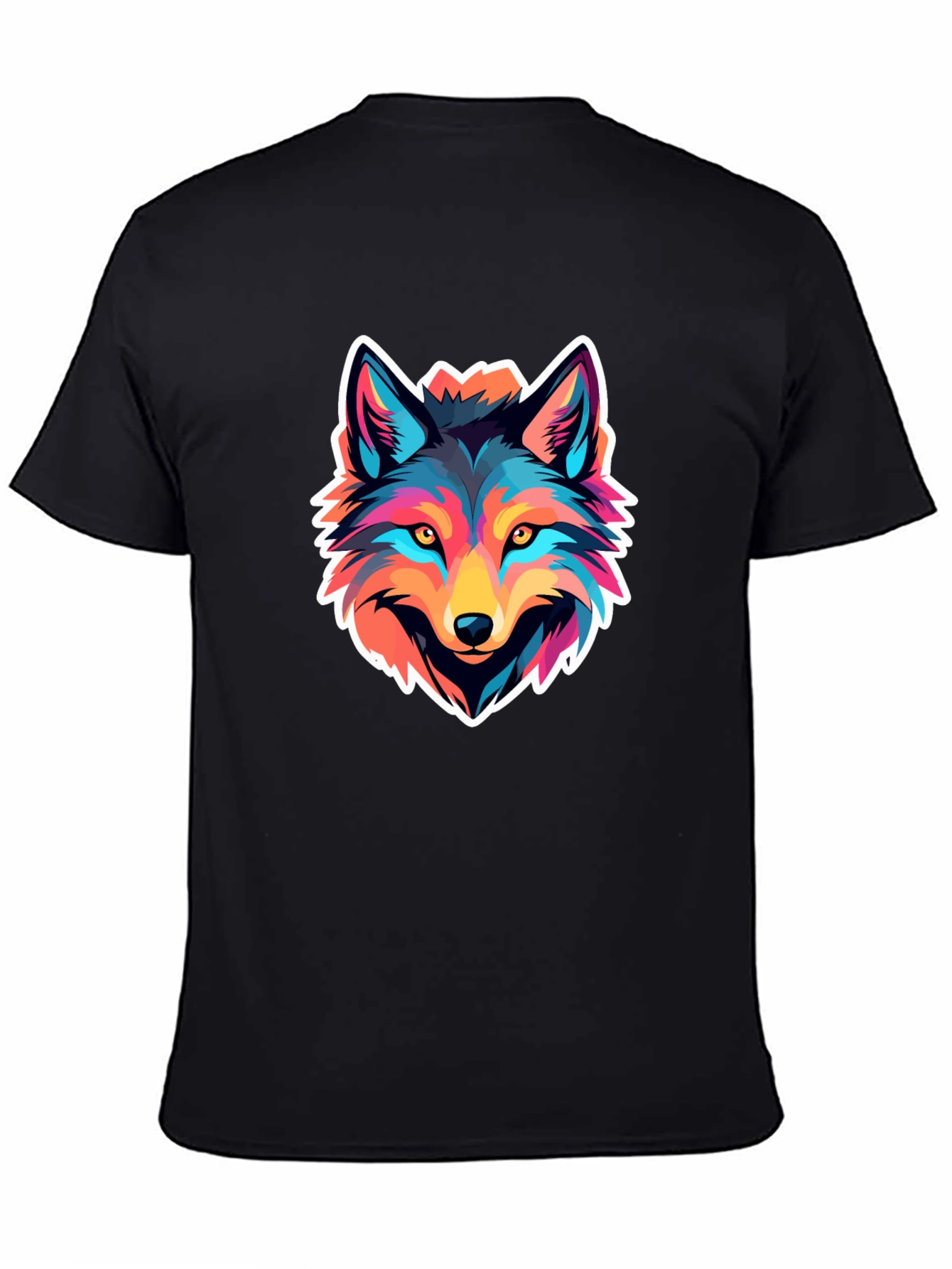 Colorful Wolf Graphic Print Black T-Shirt