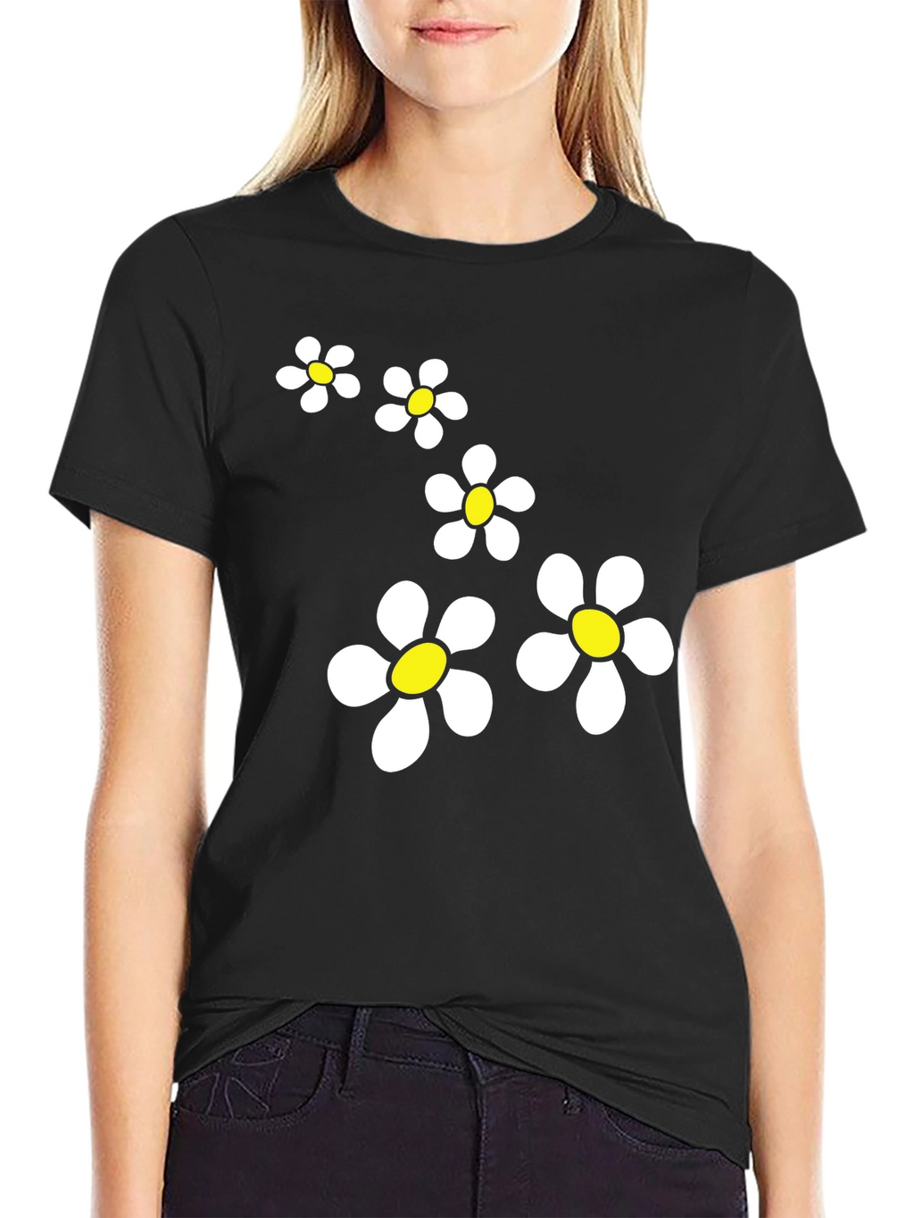 Daisy Flower Graphic Black T-Shirt