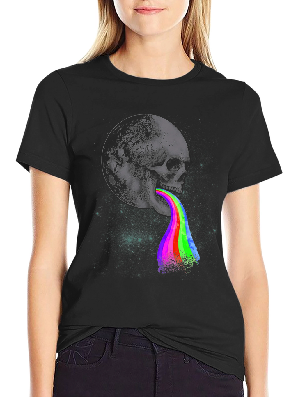 Moon Skull Rainbow Vomit Graphic Tee