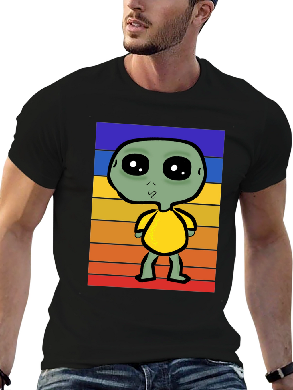 Retro Alien Graphic Tee - Black Cotton Blend