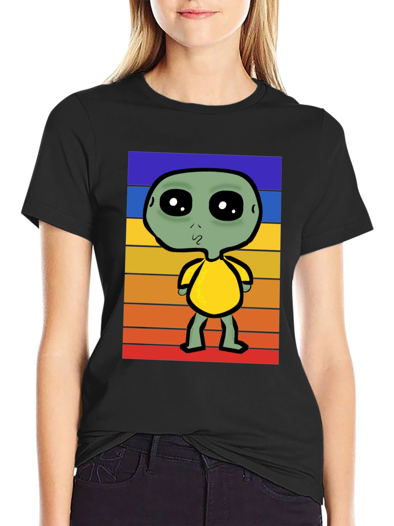 Retro Alien Graphic Tee - Black Cotton Blend