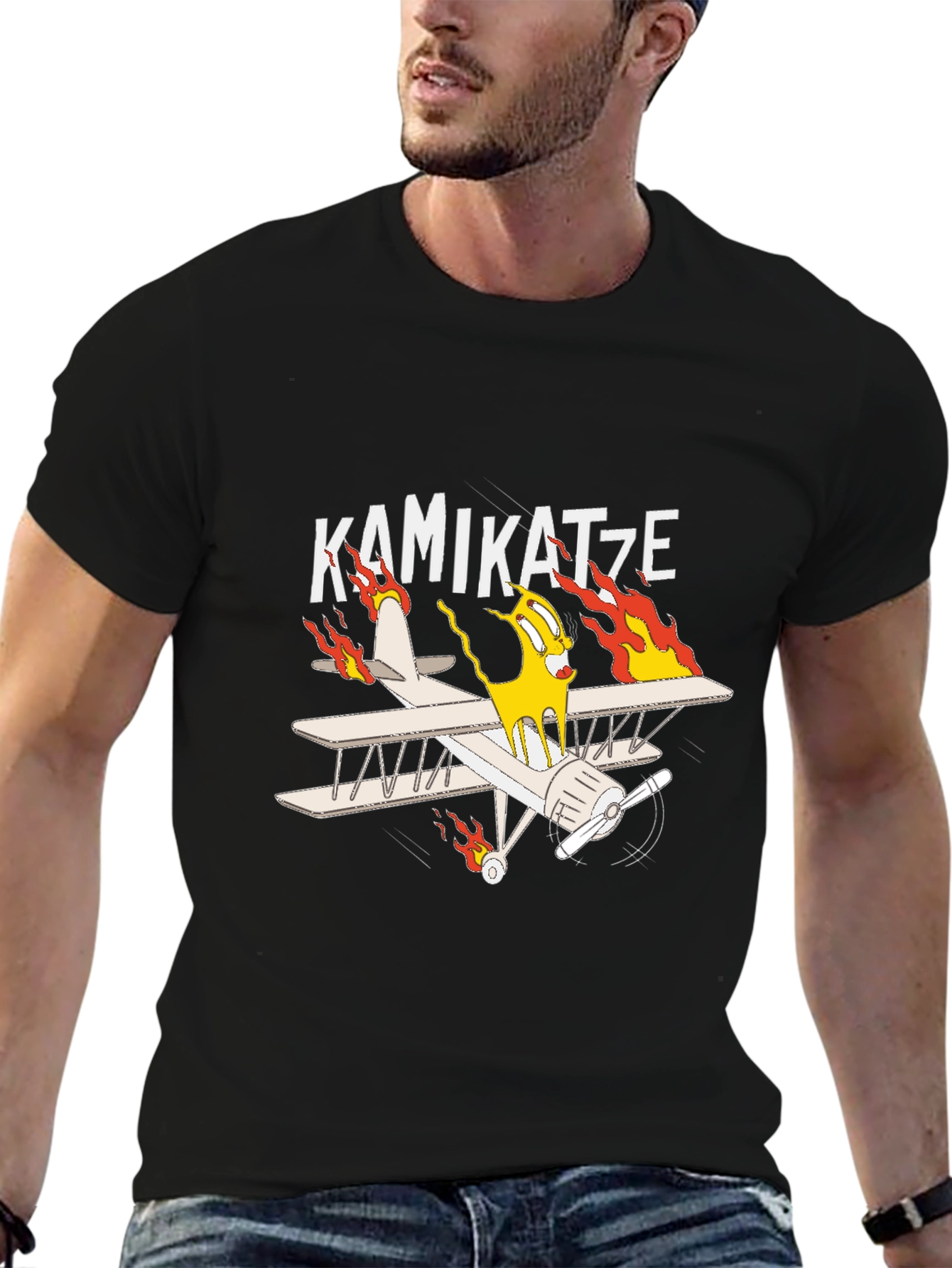 Kamikatze Cartoon Plane Graphic T-Shirt