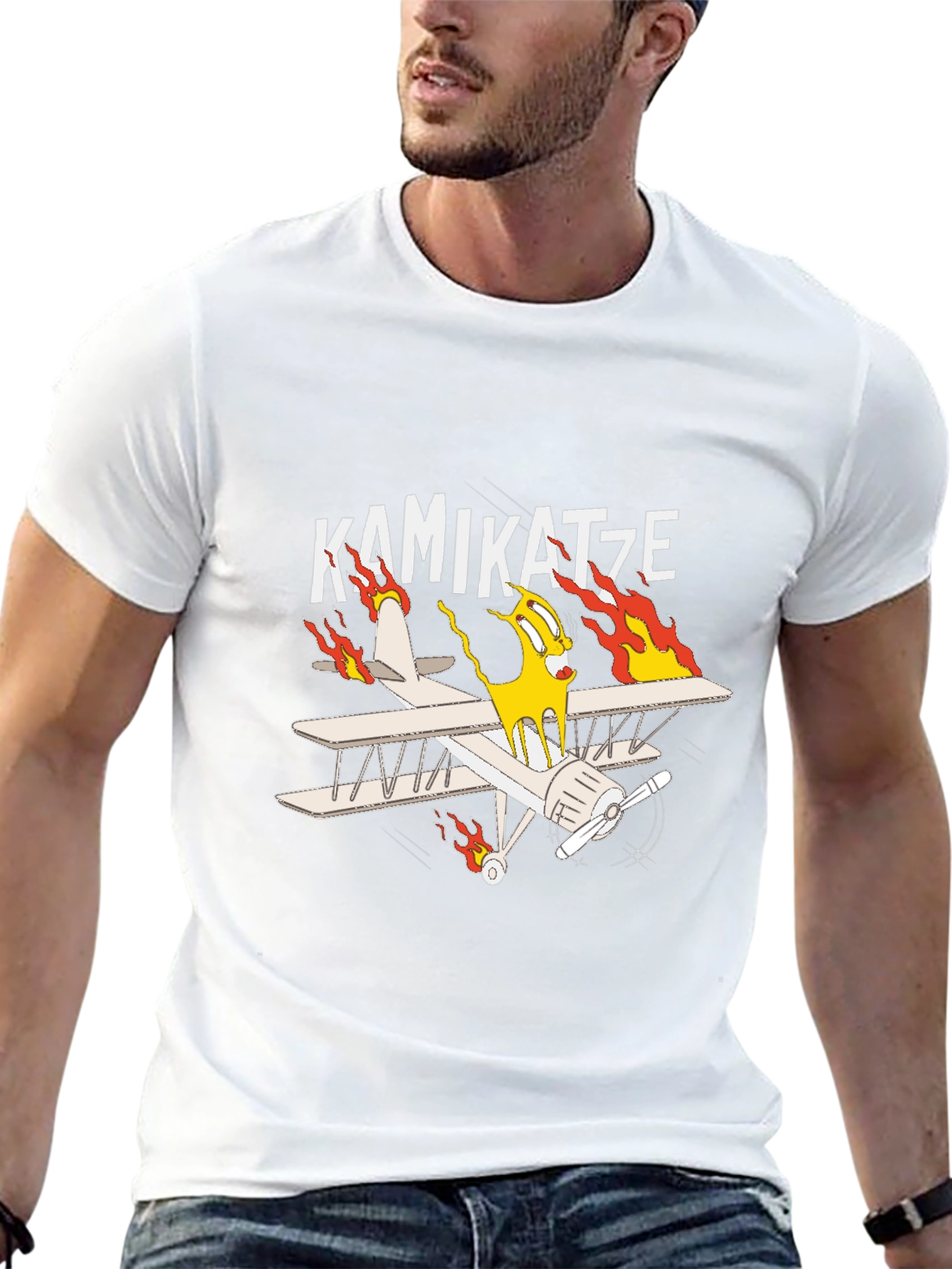 Kamikatze Cartoon Plane Graphic T-Shirt