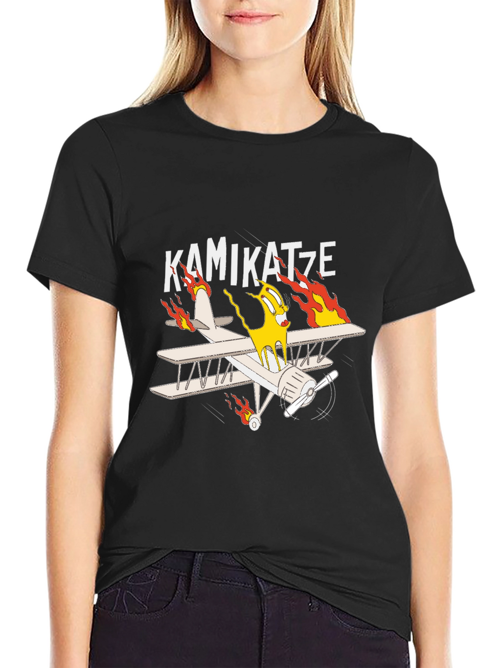 Kamikatze Cartoon Plane Graphic T-Shirt