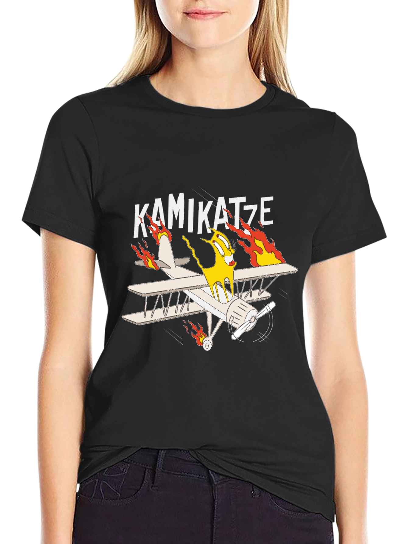Kamikatze Cartoon Plane Graphic T-Shirt
