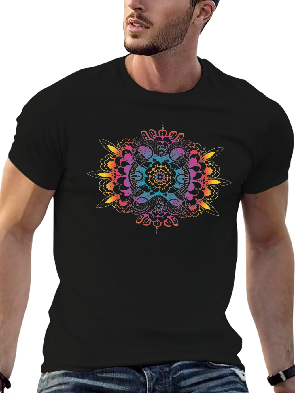 Rainbow Mandala Graphic Black T-Shirt