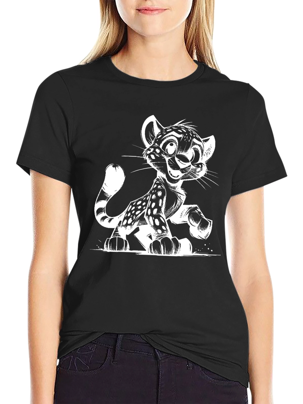 Cartoon Leopard Graphic Black T-Shirt