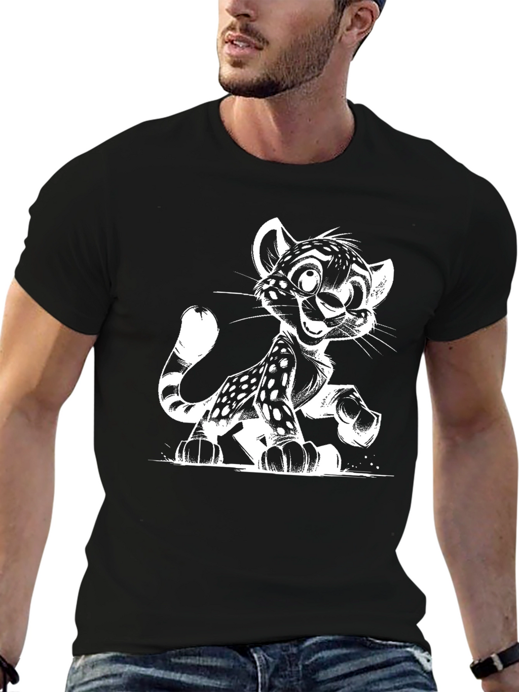 Cartoon Leopard Graphic Black T-Shirt