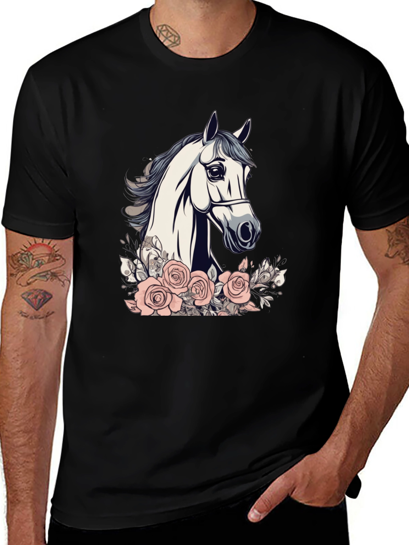 Horse and Roses Graphic Tee - Black