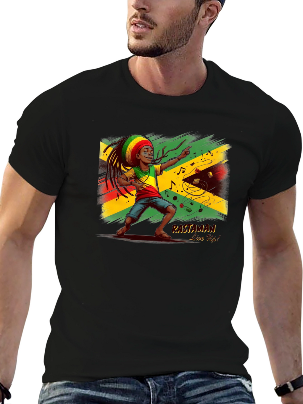 Rastaman Live Up! Black Graphic T-Shirt