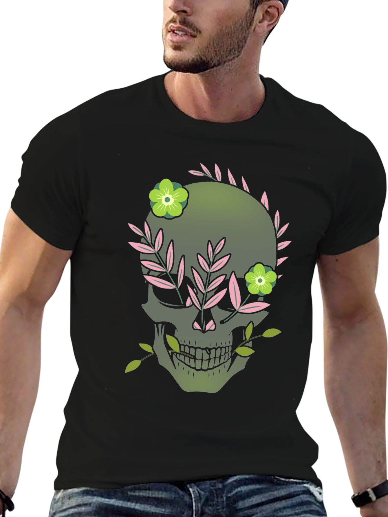Floral Skull Graphic Tee - Dark Style