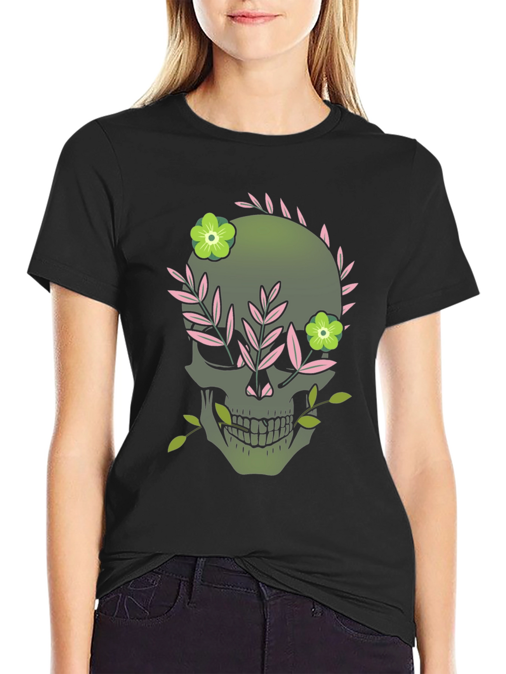 Floral Skull Graphic Tee - Dark Style