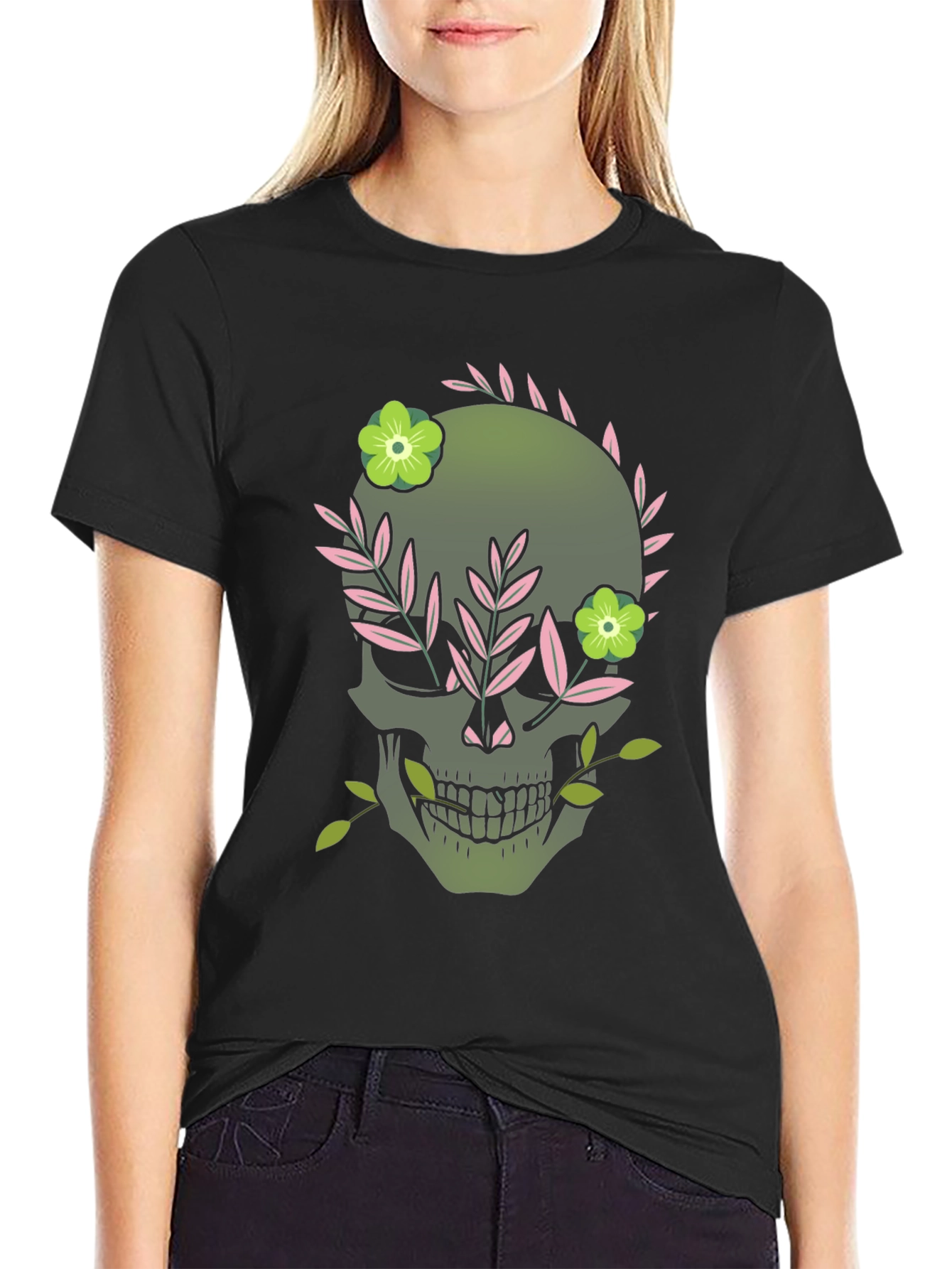 Floral Skull Graphic Tee - Dark Style