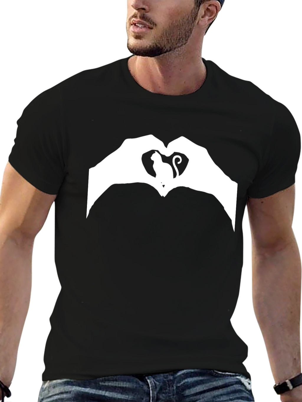 Cat Heart Hands Graphic T-Shirt - Black