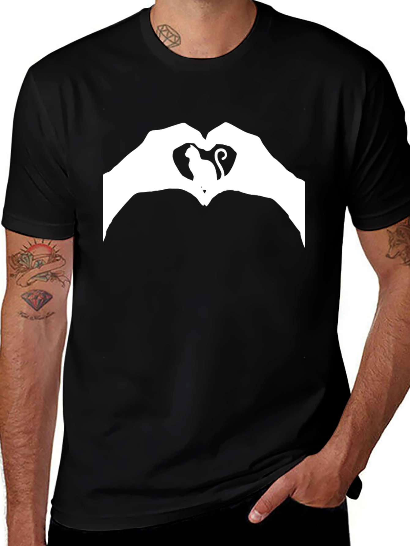 Cat Heart Hands Graphic T-Shirt - Black