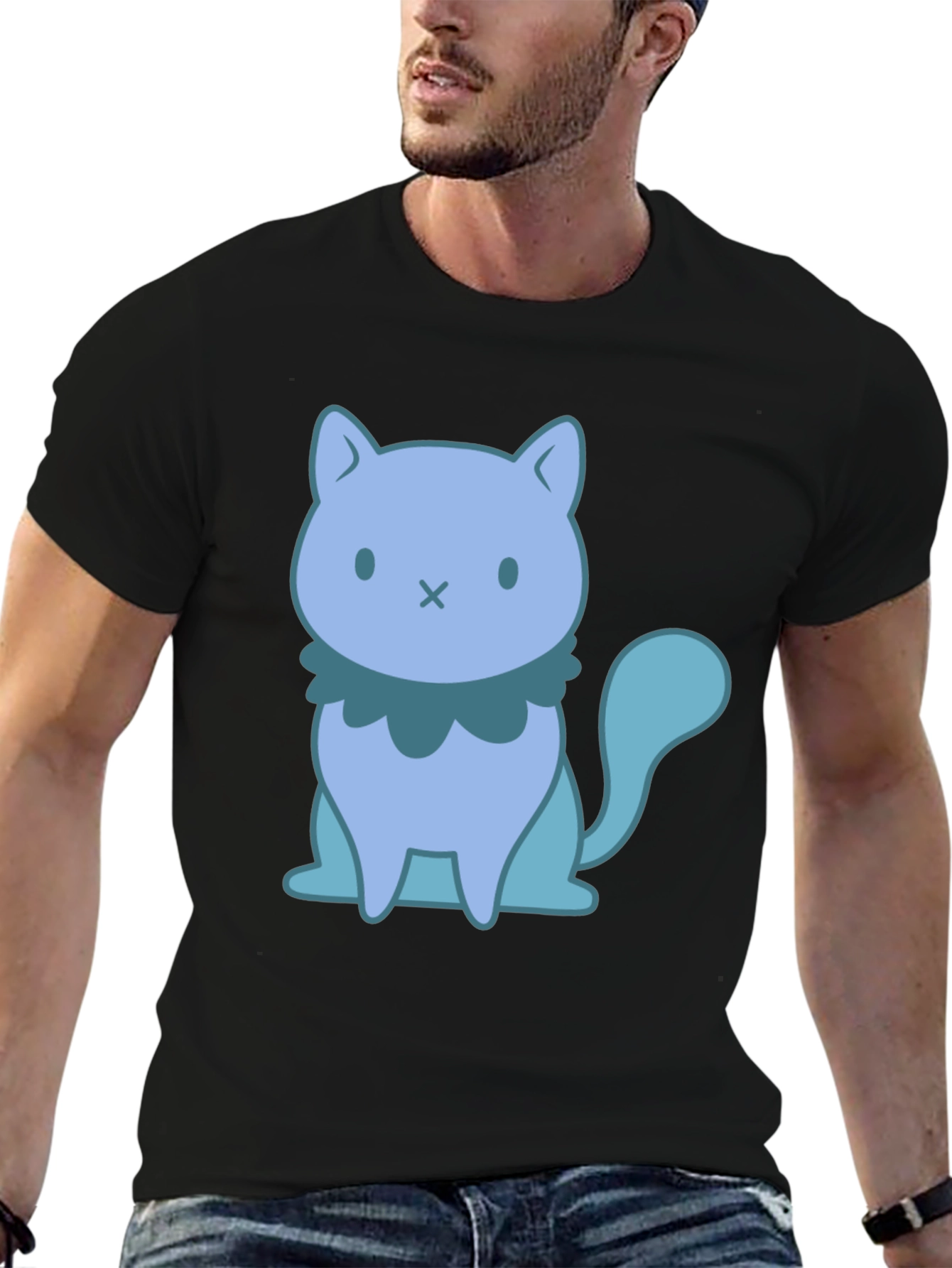 Cute Cartoon Cat Graphic Black T-Shirt