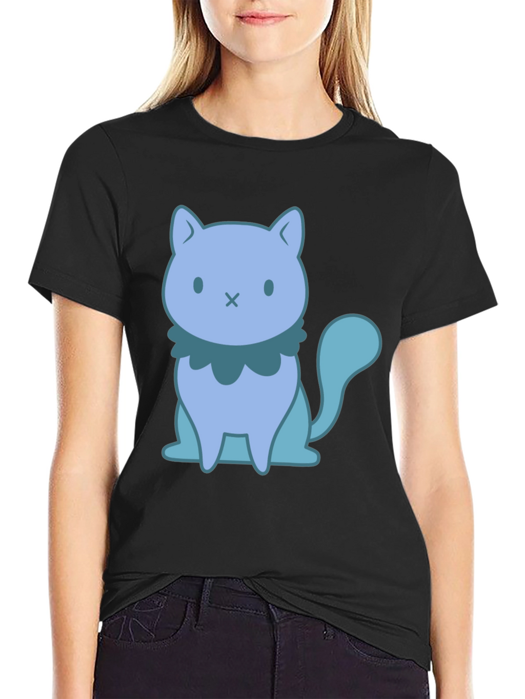 Cute Cartoon Cat Graphic Black T-Shirt