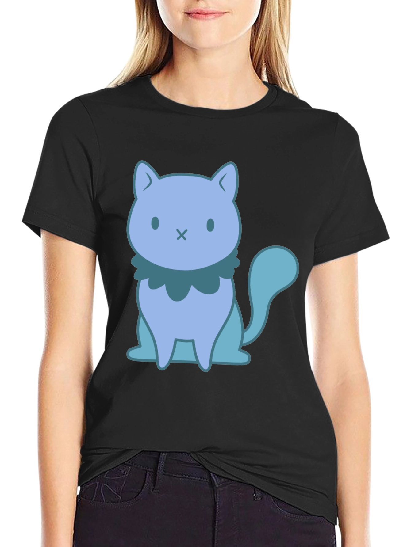 Cute Cartoon Cat Graphic Black T-Shirt