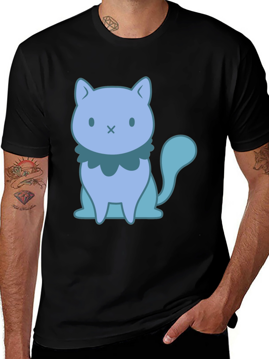Cute Cartoon Cat Graphic Black T-Shirt