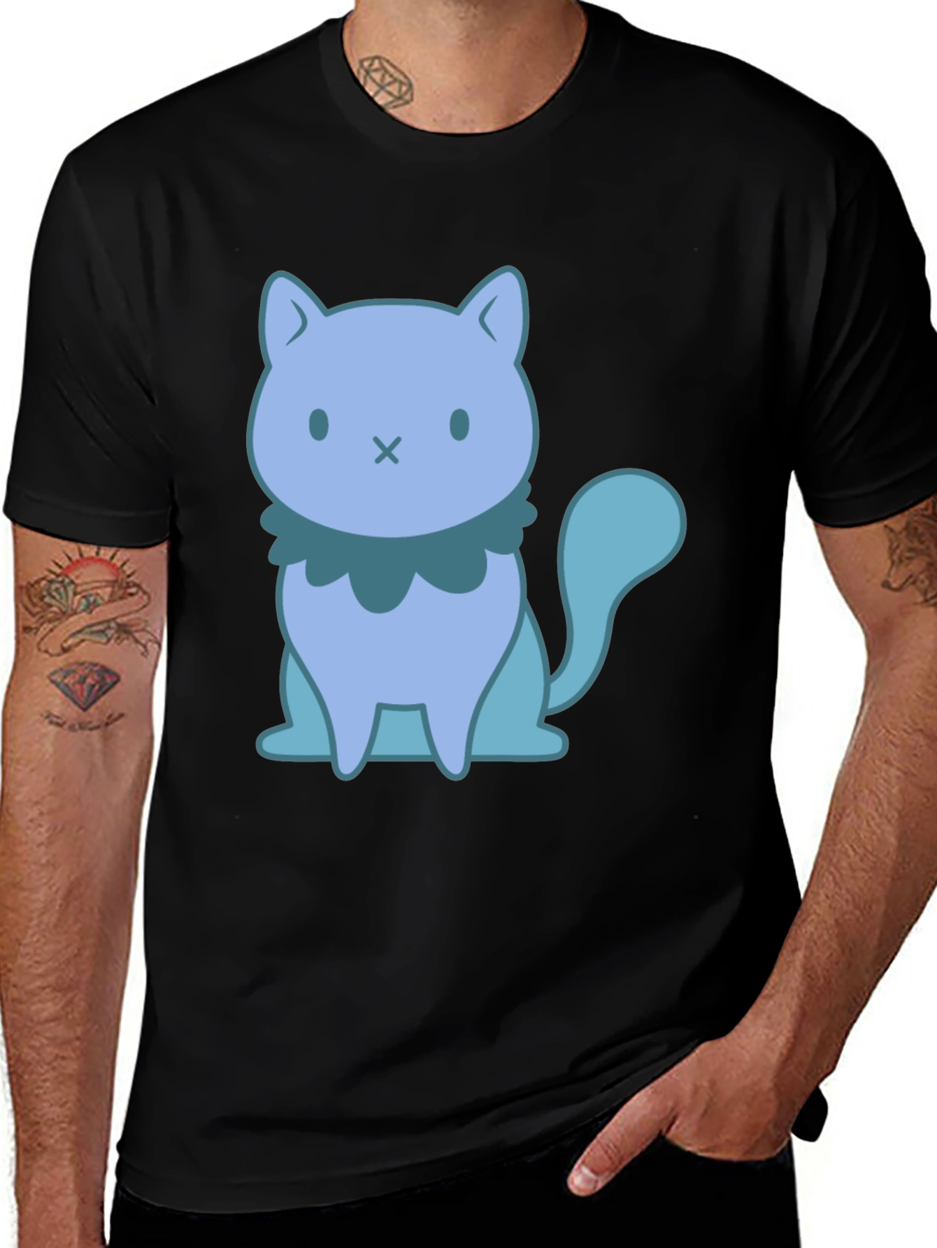 Cute Cartoon Cat Graphic Black T-Shirt