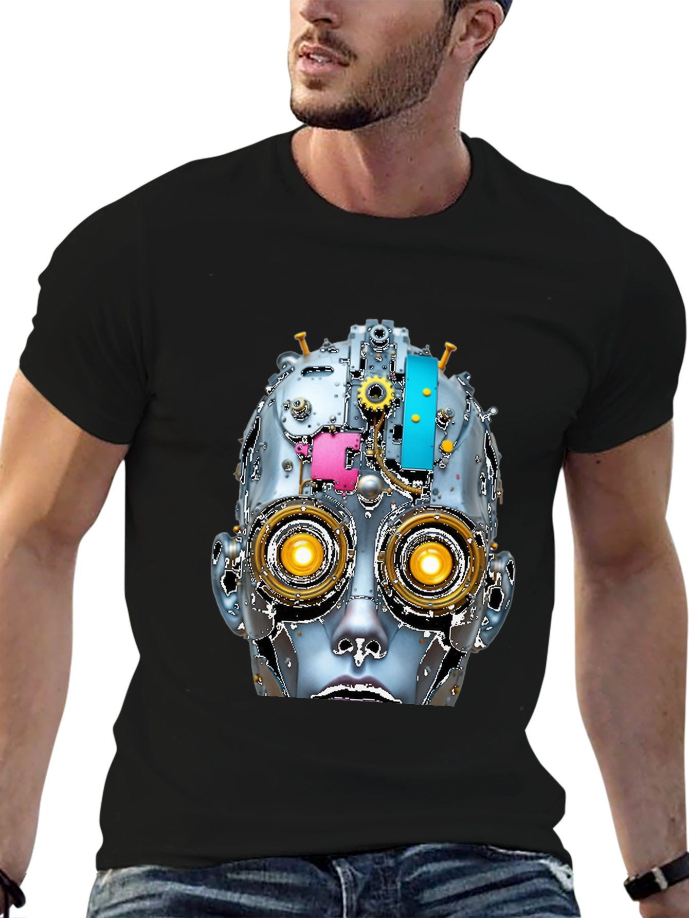 Steampunk Robot Head Graphic Tee - Unique Design