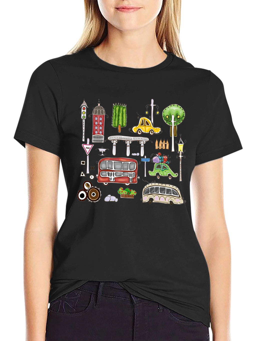Cartoon Cityscape Graphic T-Shirt