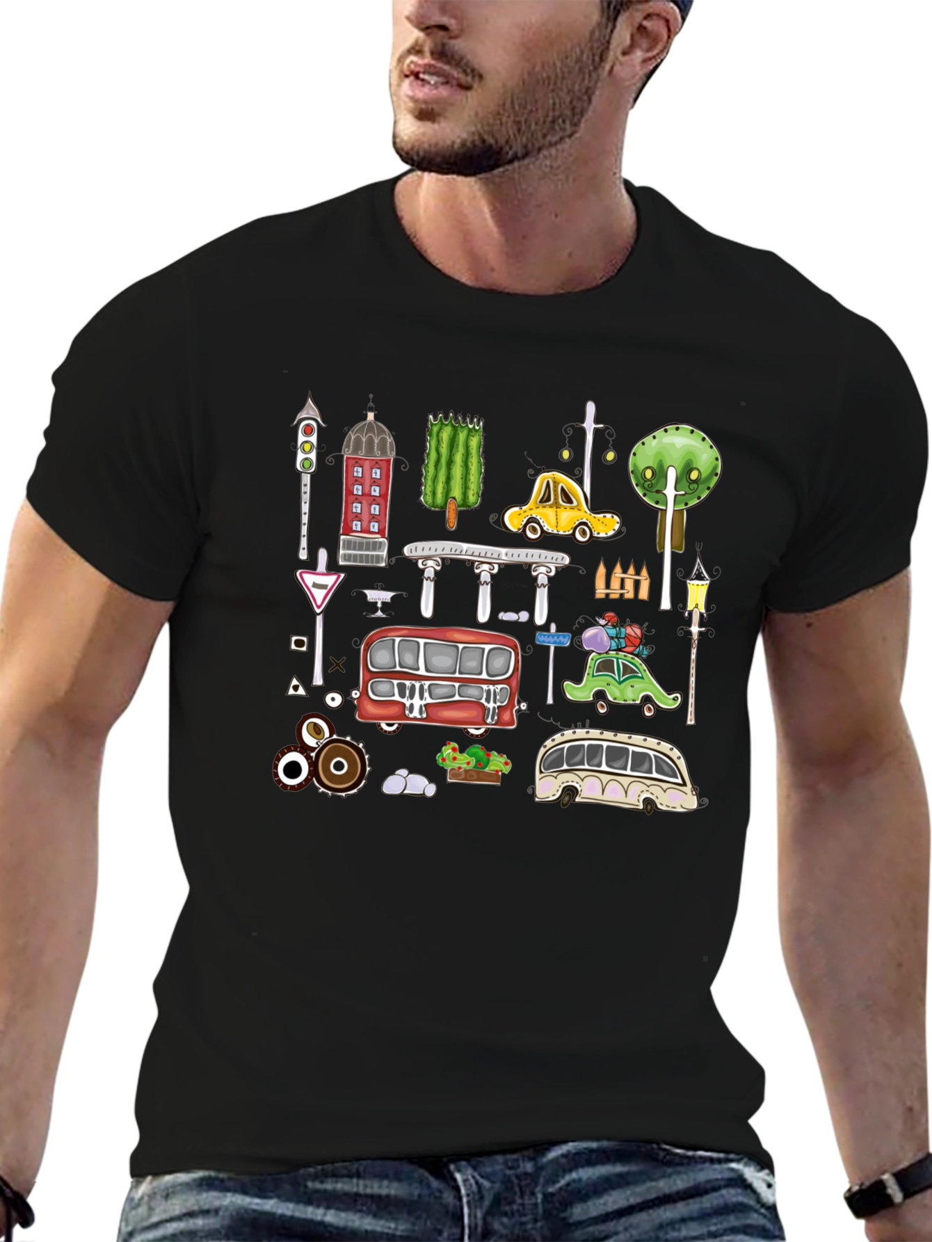 Cartoon Cityscape Graphic T-Shirt