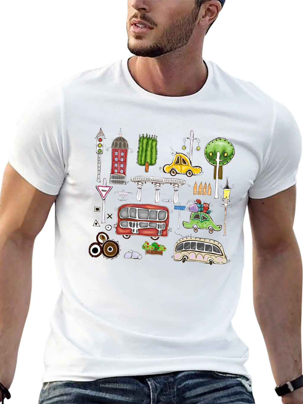 Cartoon Cityscape Graphic T-Shirt