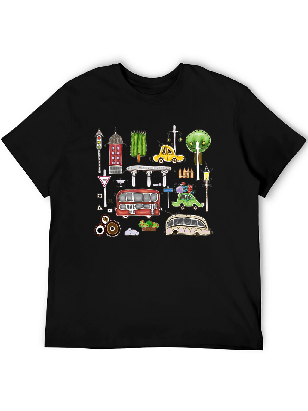 Cartoon Cityscape Graphic T-Shirt