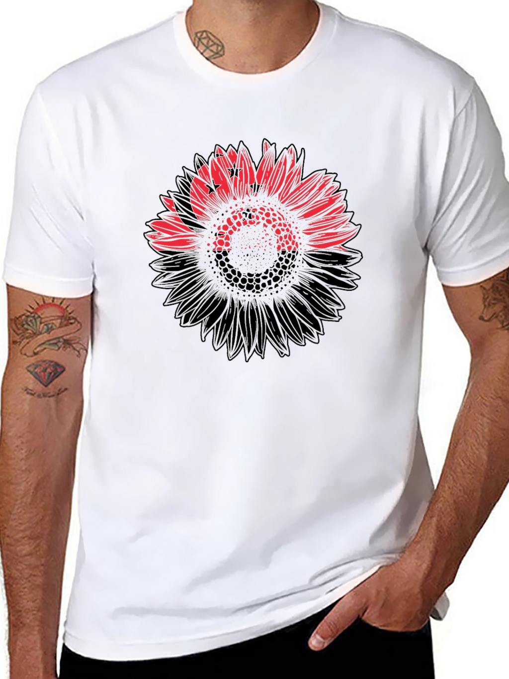 Mens Black T-Shirt with Sunflower Design